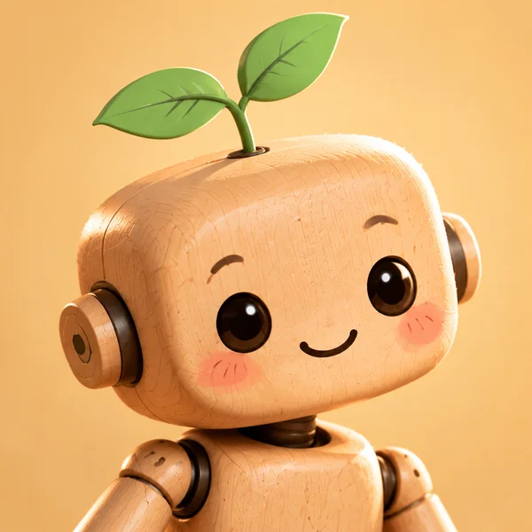Mộc, a small wooden robot with a leaf sprout on its head