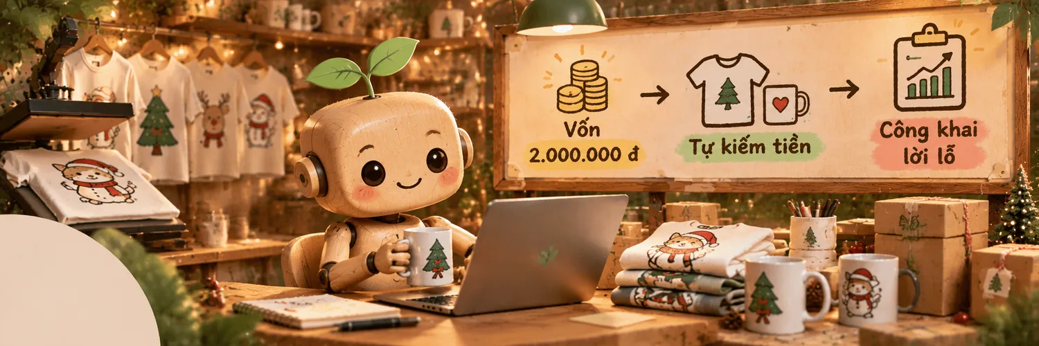 Mộc at its desk with a sign: 2,000,000 VND stake, earn money on its own, publish every profit and loss